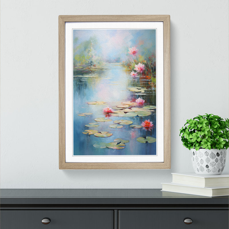 Pond Impressionism - Single Picture Frame Print on Wood, Oak Framed, 64cm H x 46cm W x 2cm D