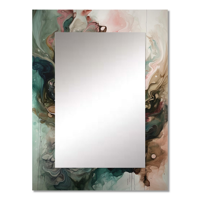Pink Green Inner Worlds Of Marble III - Geometric Large Wall Mirror, Modern Unique Mirror, Printed Metal Art, 32" x 24"