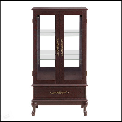 Armoire vitrée élégante en verre avec tablettes réglables, éclairage interne et tiroir rétro pour présentation et rangement