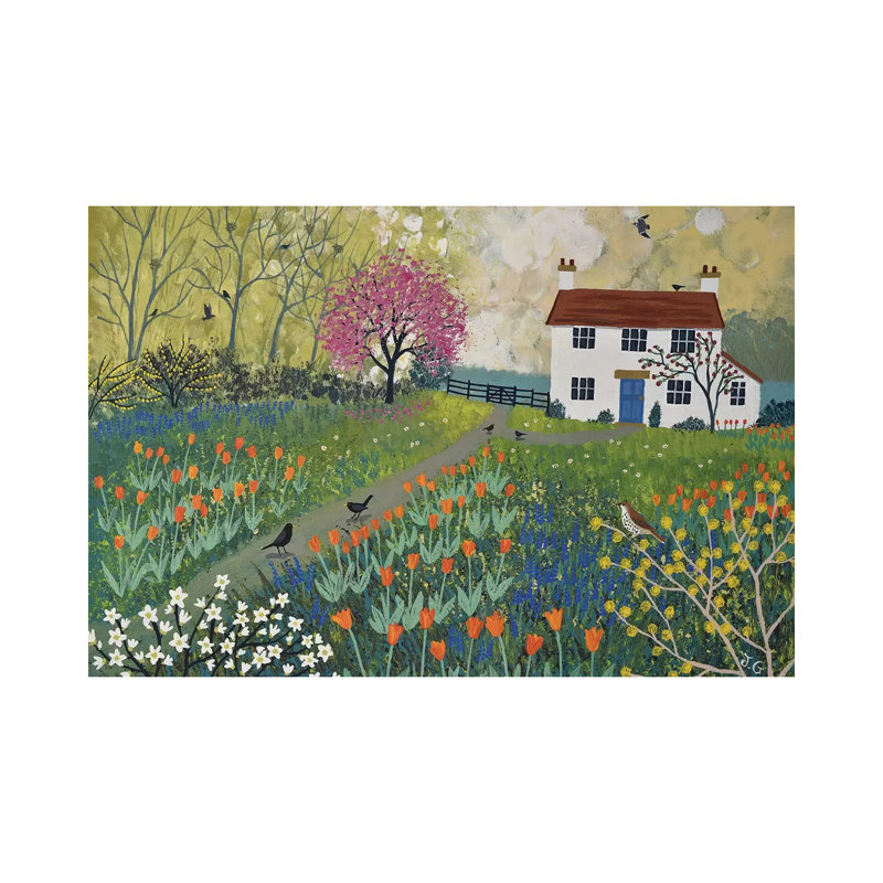 «Spring at Tulip Cottage» par Jo Grundy - reproduction d'art, Pas de tapis, H 26 po x l 40 po x P 1,5 po, Toile tendue
