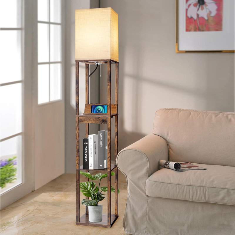 Floor Lamp With Shelves, Shelf Floor Lamp With Wireless Charger & 2 Charging Usb Ports & Drawer, Brown