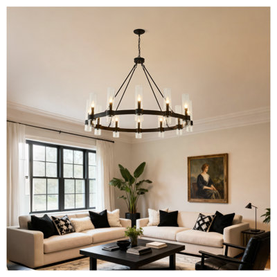 Lustre en bois avec roues 43,3 pouces noir mat et bois avec 12 lumières