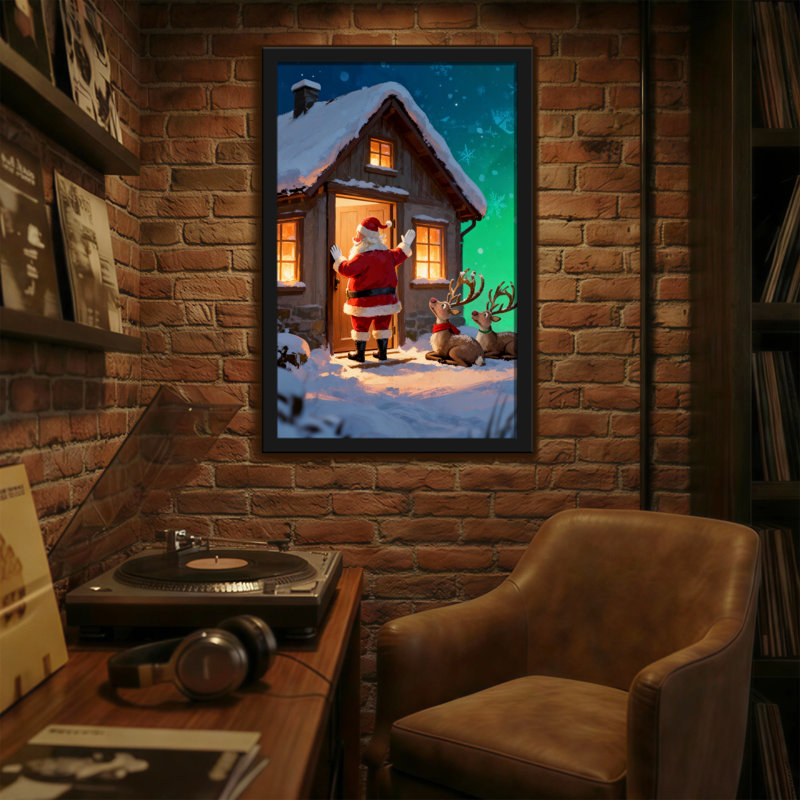 Noël, père Noël, vagues à la cabane avec renne, H 30 po x l 20 po