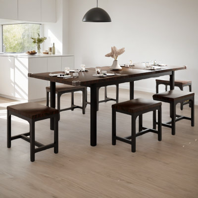 Dining Table Set, 7-piece Extendable Table From 63" Large Extendable Kitchen Table Set For 4-8 People, Mid-century Dining Room Table With 6 Square Sto by 17 Stories