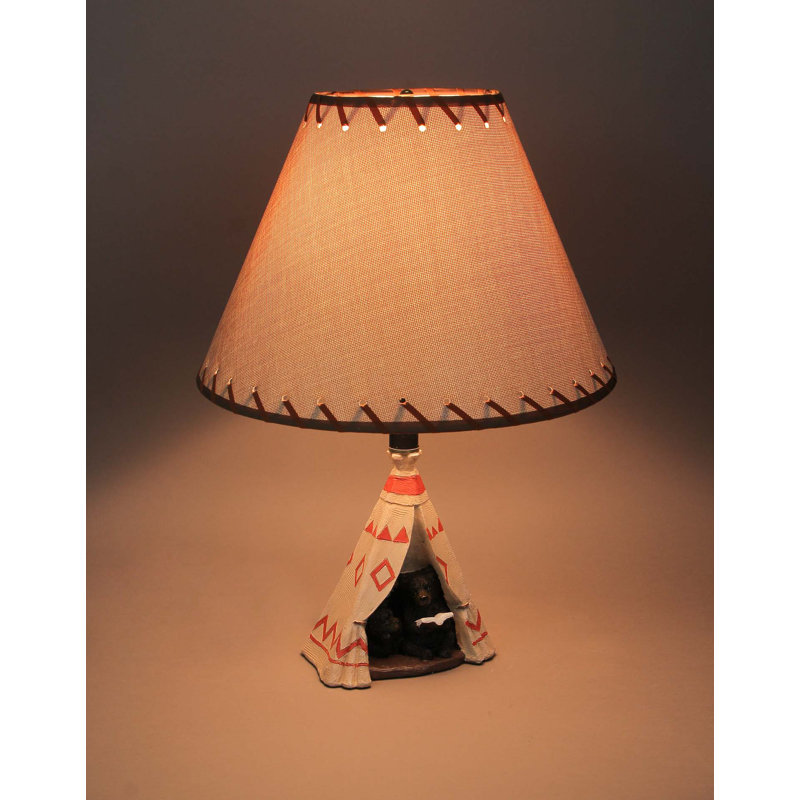 Smithville rustic hand-painted resin and metal black bear reading to cub in cone-shaped tent table lamp — 19 inches high, 13.75 inch beige shade