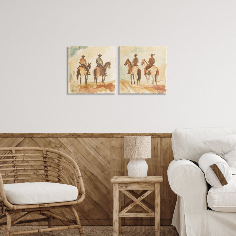 «Western Watercolor Cowboy Pairs», ensemble de 2 pièces sur toile, par Petal Prints Design, H 24 po x l 48 po