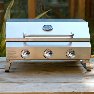 Barbecue au gaz de table 3 brûleurs, barbecue au propane portatif en acier inoxydable de 24 po avec pieds pliables et 24 000 BTU