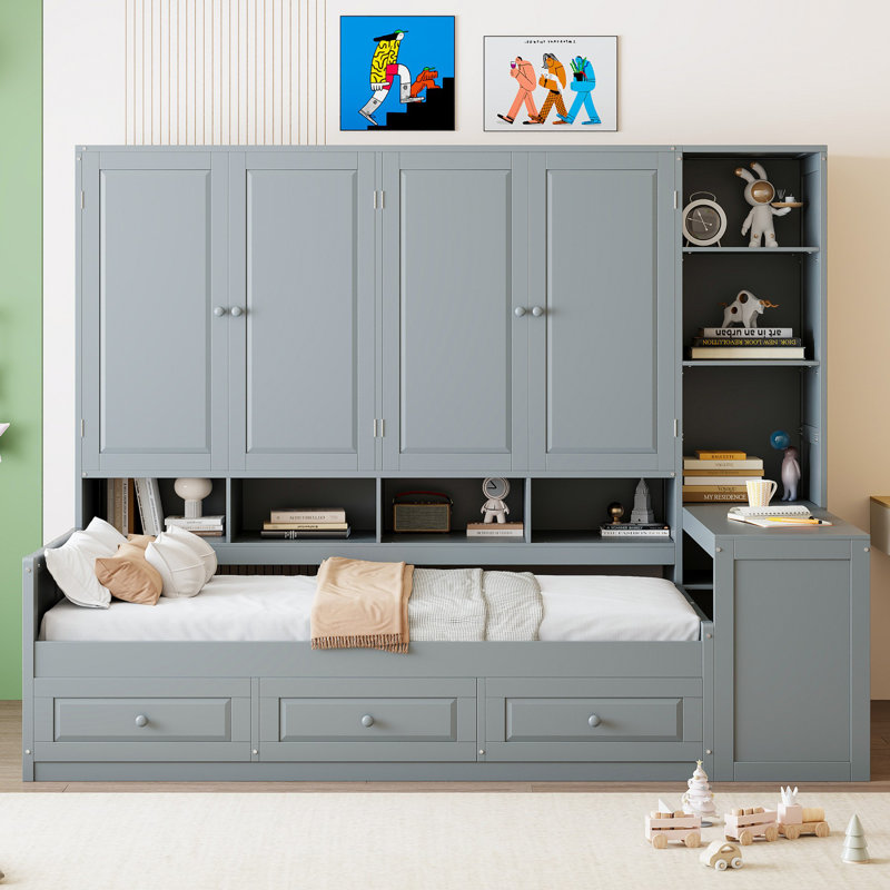 Lit de jour en bois avec tiroirs et armoire, bureau et tablettes, Lit simple