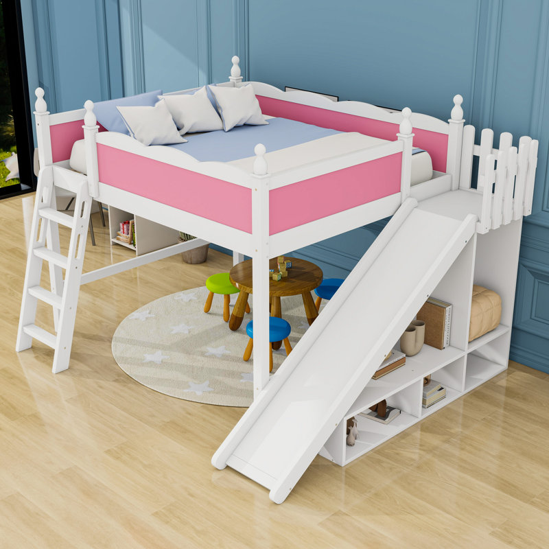 Wood Loft Bed With Storage Shelves And Slide, Queen, Pink/White