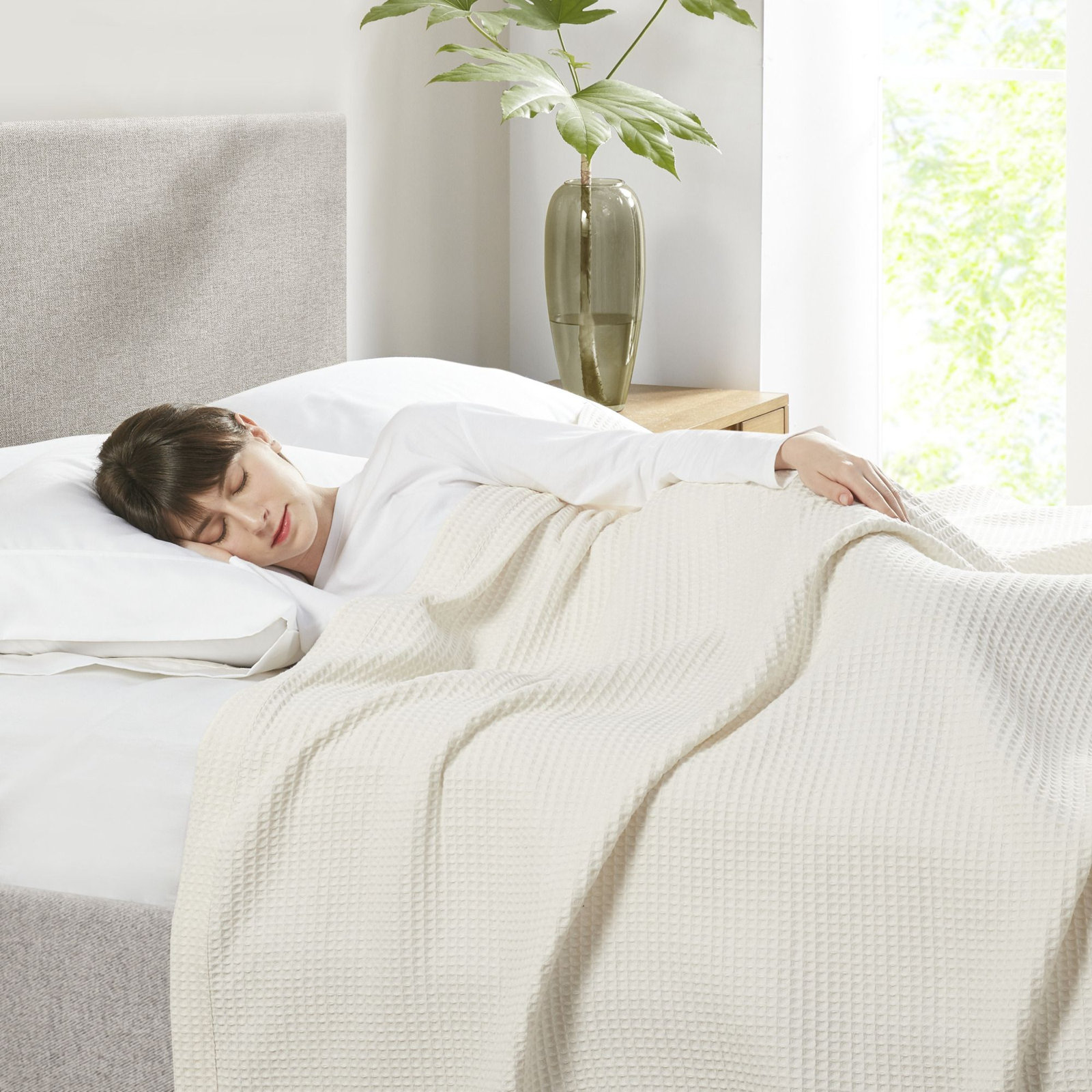 Waffle Weave 100% Cotton Blanket, King, Ivory