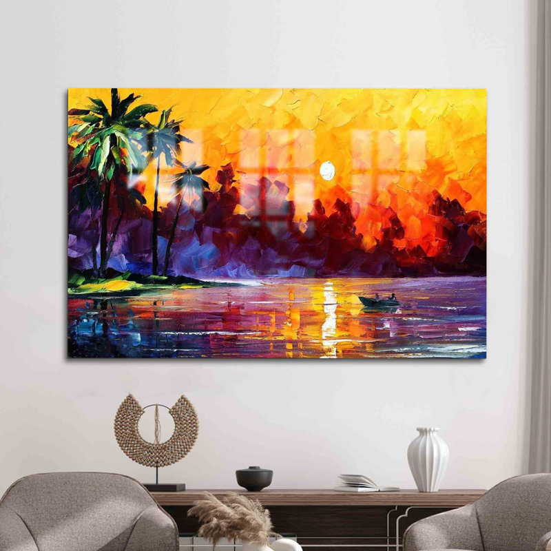 Superbe art abstrait sur verre pour une décoration murale élégante mettant en vedette le soleil, H 9,1 po x l 14,2 po