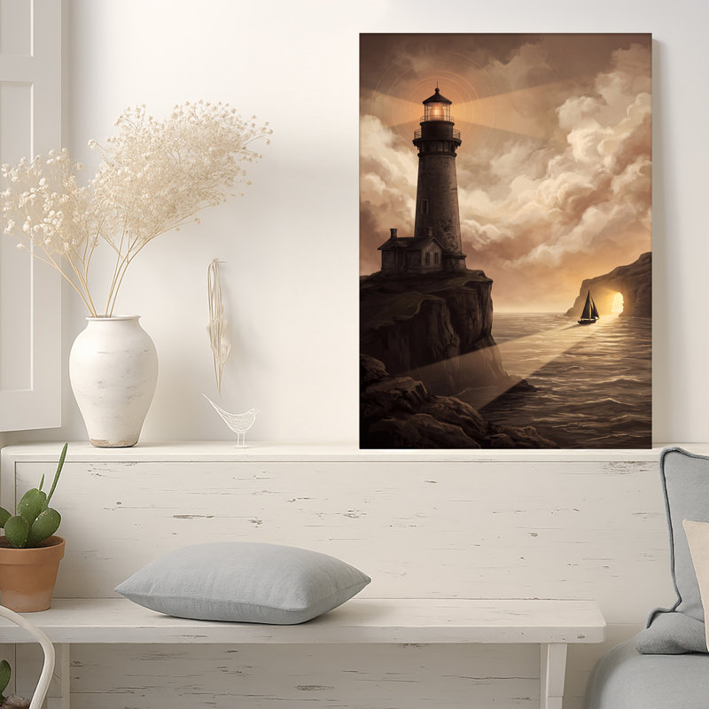 Art sur toile, "Phare sur une falaise avec voilier dans un ciel doré", 36"H x 24"W