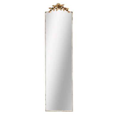 Stunning Rectangular Mirror With Distressed Frame And Delicate Gold Floral Crown Dazzling Full -Textured Rim Ornate