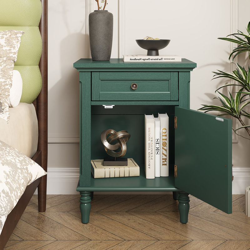 Vintage Nightstands with Drawer, End Table with Solid Wood Veneer (Set of 2), Green