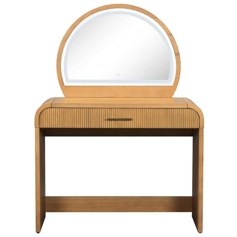 Natural 39-Inch Makeup Vanity Table With Touch Screen Mirror, Drawer For Jewelry Organization, Curved Edges Design, And Quick Setup In Bedroom Dressing Mirror Drawer, Adequate Space Jewelry, Edges,