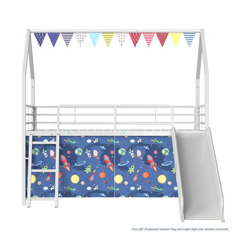 Lit mezzanine avec glissade, ensemble de rideaux, banderole et autocollants étoile, Blanc / Bleu