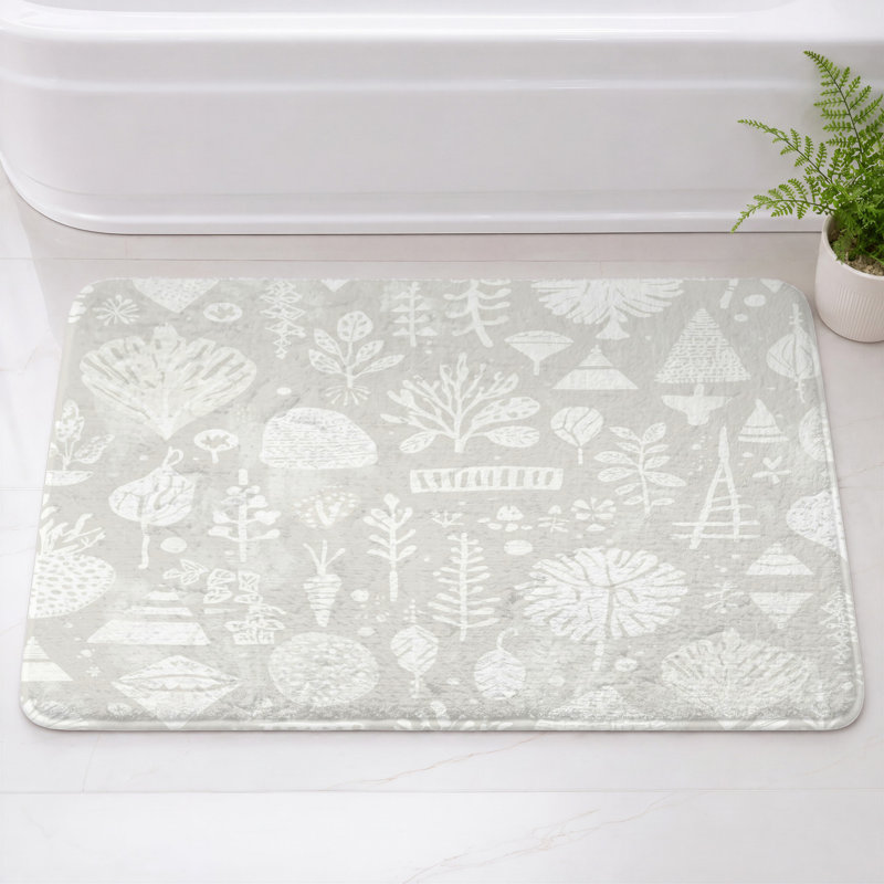 Tapis de bain illustré d'une illustration botanique abstraite, 24 po L x 17 po L, Gris clair blanc