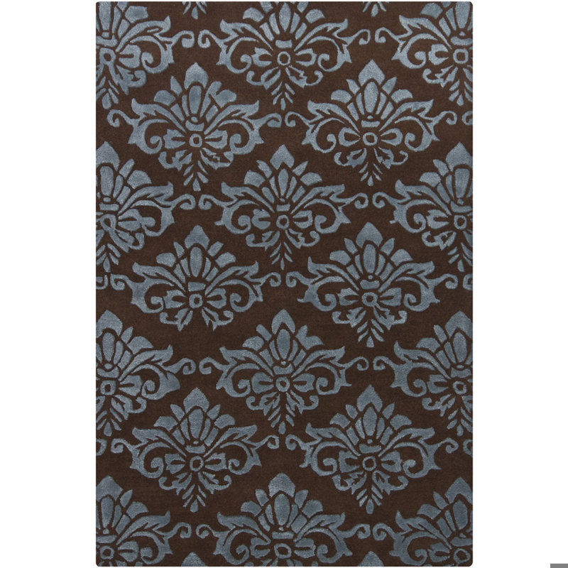 Tapis médaillon en laine touffeté à la main brun clair et bleu acier Clotell Authentic, Bleu/brun, Rectangle 5 pi x 7 pi 6 po