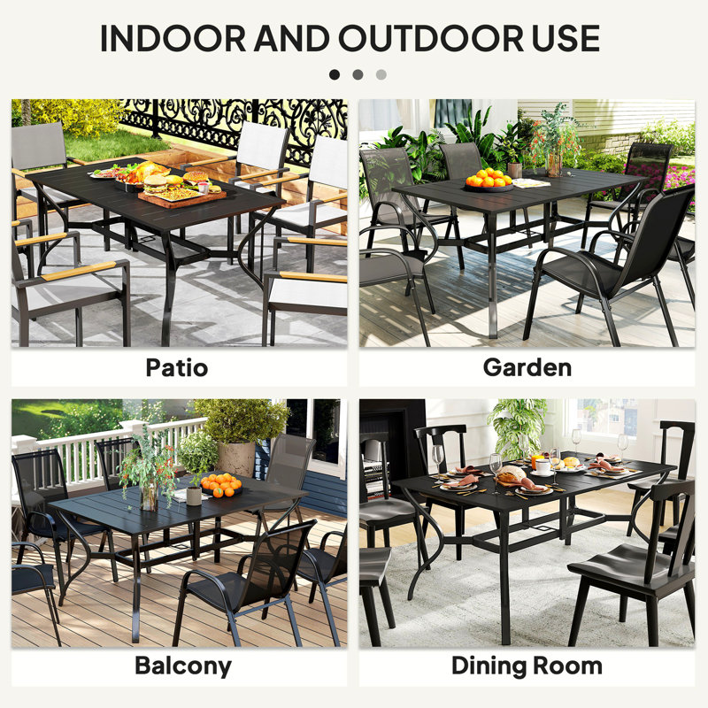 Table de salle à manger rectangulaire en acier pour l'extérieur, table de patio rectangulaire avec trou pour parasol