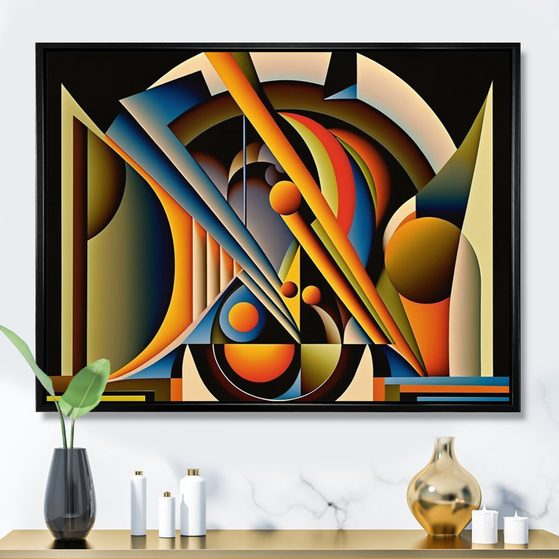 Circular Retro Dynamics I - Art mural encadré abstrait géométrique, L 20 po x H 12 po, Cadre flottant noir