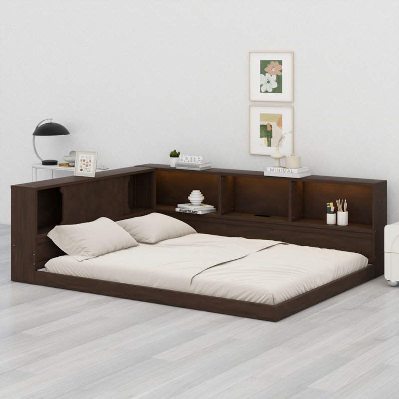 Functional Wooden Daybed with Open Storage Shelves, LED Lights & USB Ports, Brown