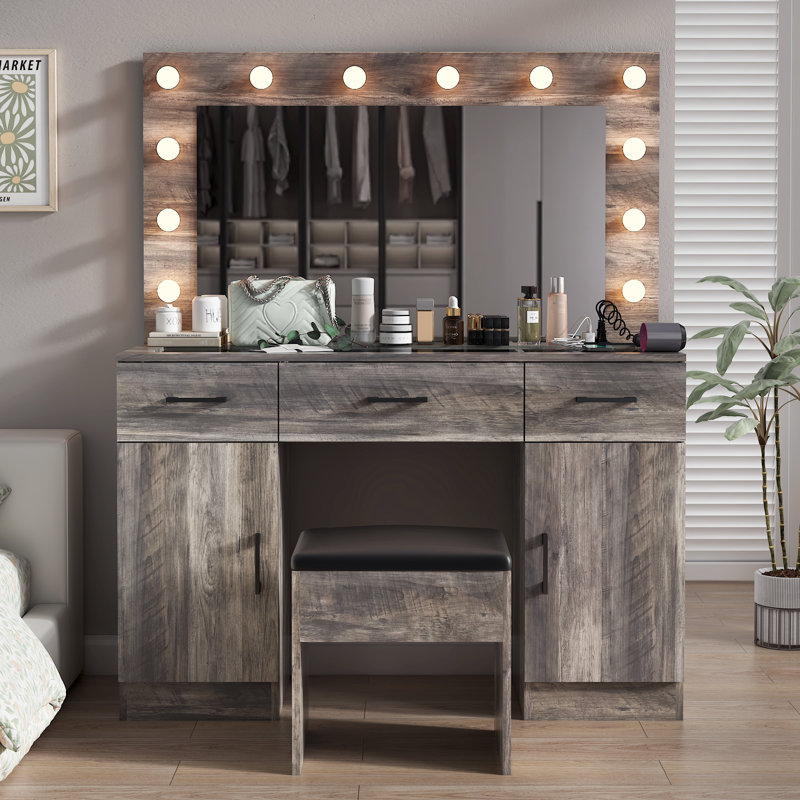 Large Makeup Vanity Set with Lights, USB & Power Outlet,3 Drawers, Gray
