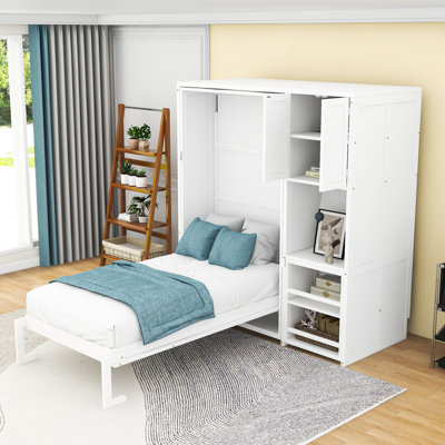 Lit escamotable simple avec bibliothèque rotative et bureau extensible