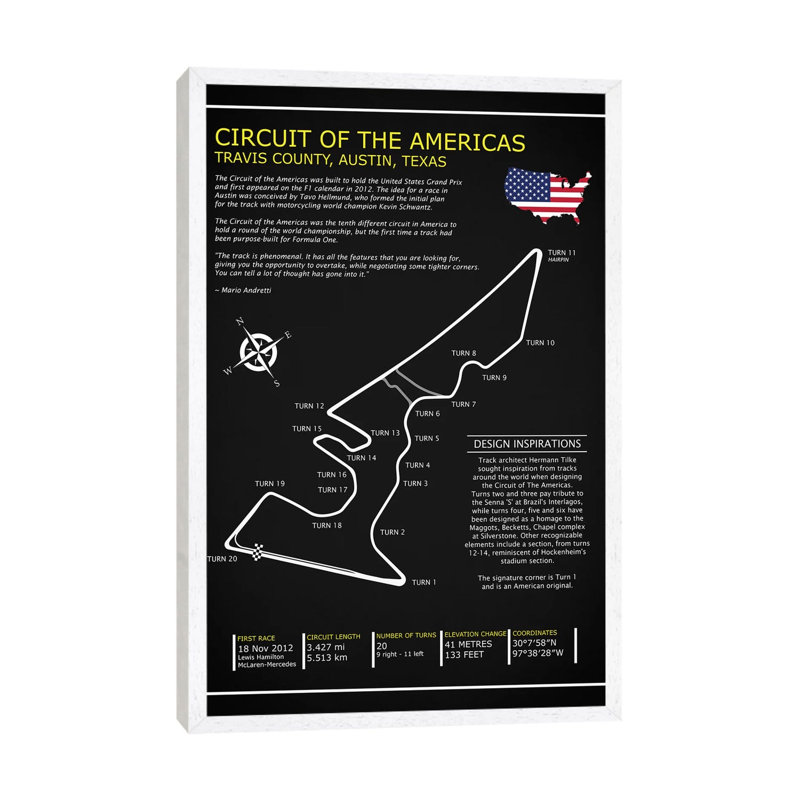 Circuit Of The Americas BL by Mark Rogan - Print on Canvas, White Framed, 152.5 cm H x 101.5 cm W