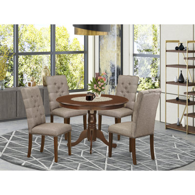 5 Piece Kitchen Table Set for 4 Includes a Round Dining Table with Pedestal and 4 Dark Khaki Linen Fabric Parson Dining Chairs, Mahogany
