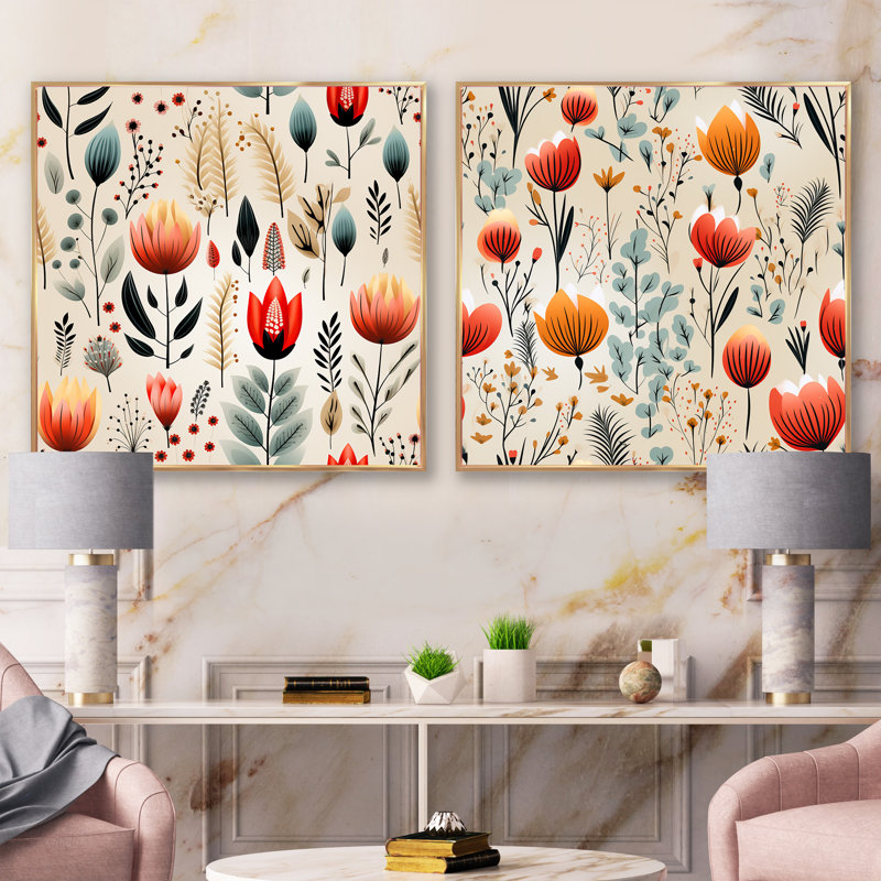 Motif floral orange Meadow - ensemble de 2 collages carrés botaniques abstraits, Cadre flottant doré, H 36 po x l 73 po