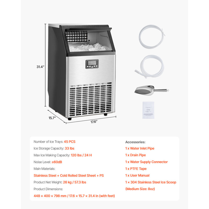 Machine à glaçons commerciale autoportante 120lbs / 24H 45 cubes de glace