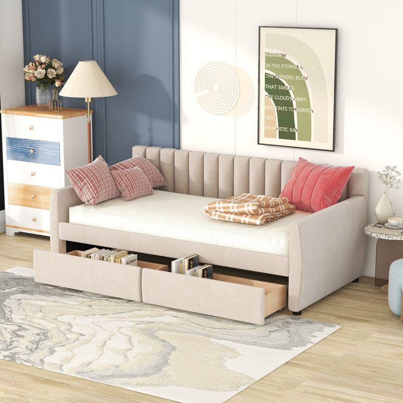 Lit de jour simple tapissier avec tiroirs, support en lattes de bois, Beige