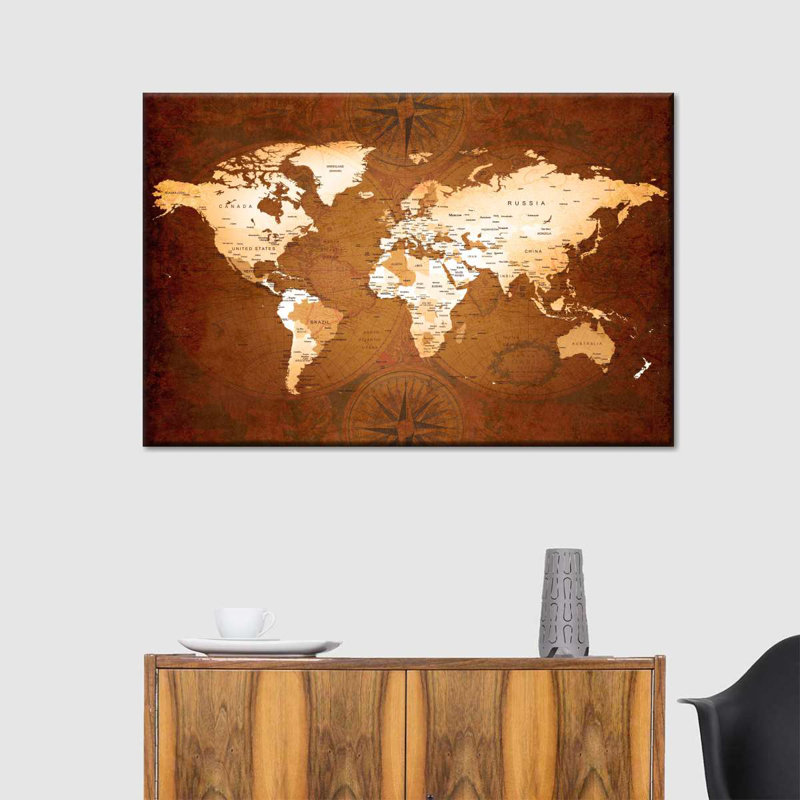 Carte du monde rare sur toile, H 24 po x l 36 po x P 1,25 po
