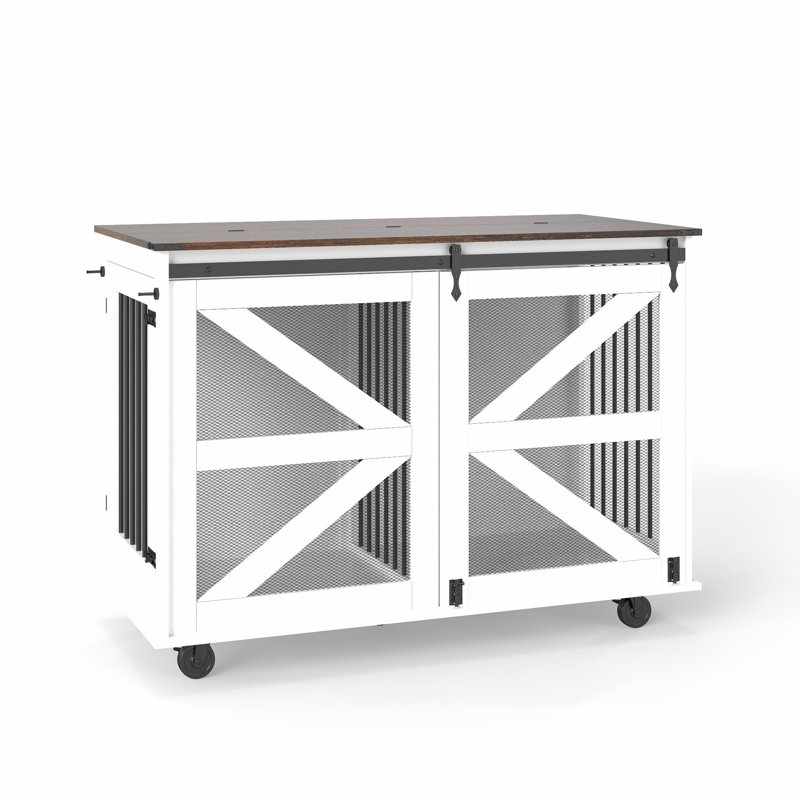Storage Cabinet, Mobile Dog Crate With Flip-Top Feeding Door, Accent Cabinet With 5 Caster System