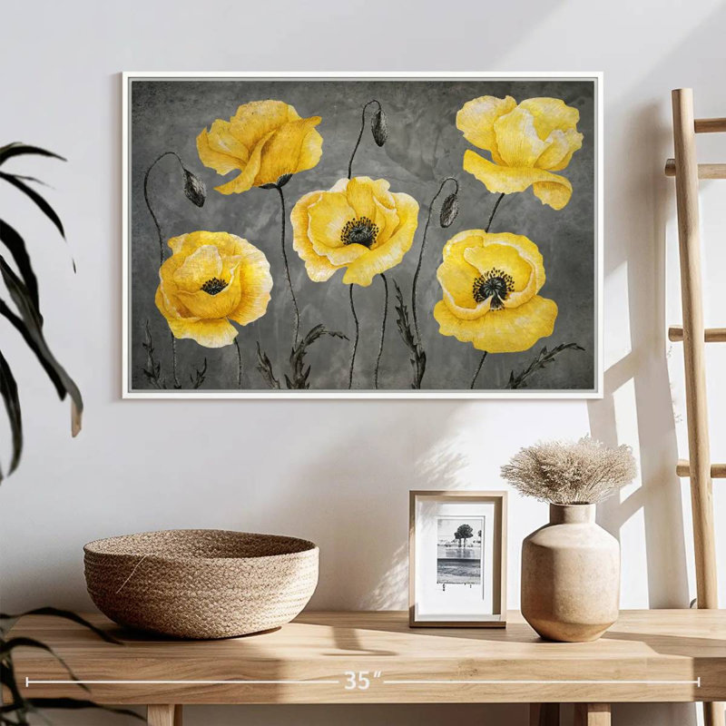 Coquelicots jaunes, Cadre flottant blanc, 25 po x 17 po