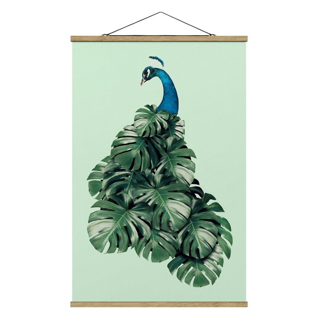 Poster Pfau mit Monstera Leaives