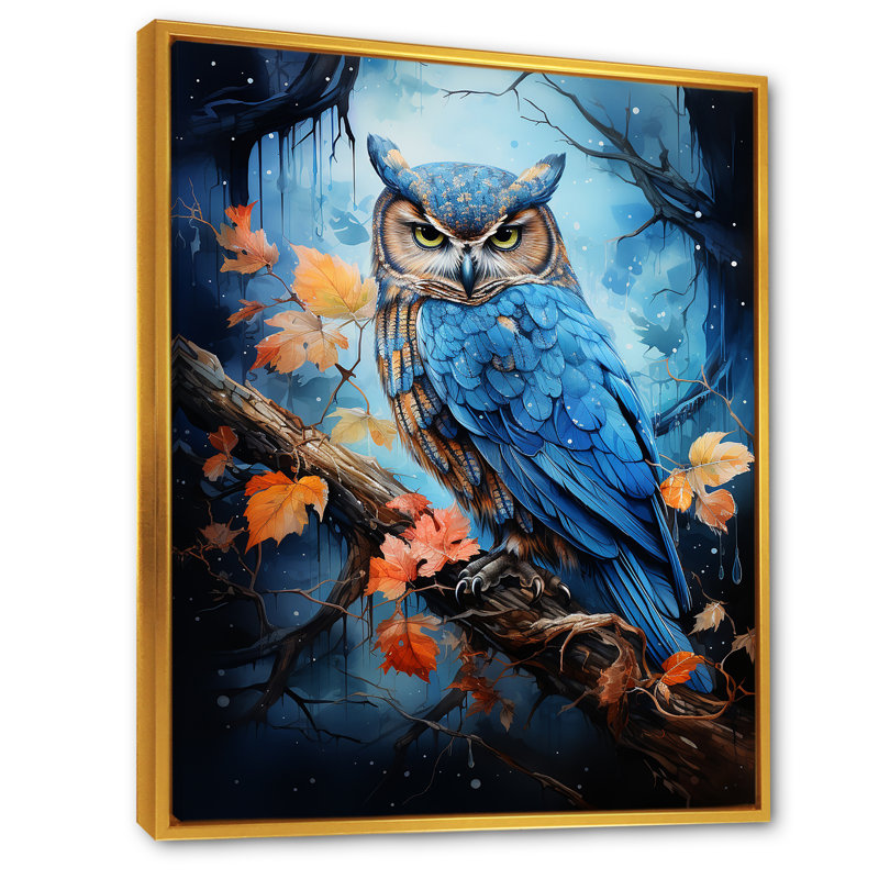 Blue Owls Moonlight Realm sur toile, Cadre flottant doré, H 44 po x l 34 po x P 1,5 po