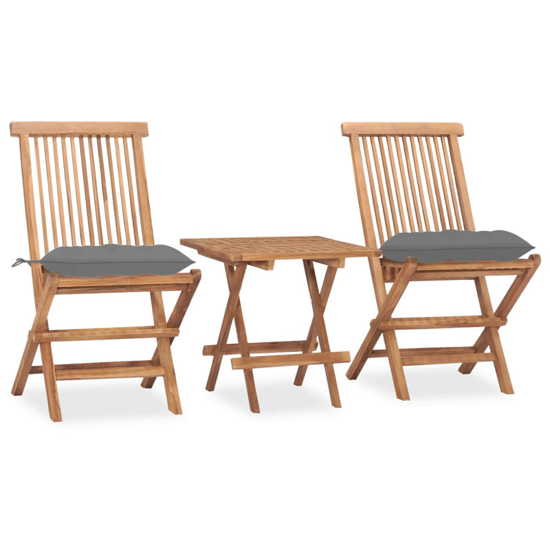 Ensemble de salle à manger pliable 3 pièces avec coussin en bois de teck massif Dakota Fields, Gris