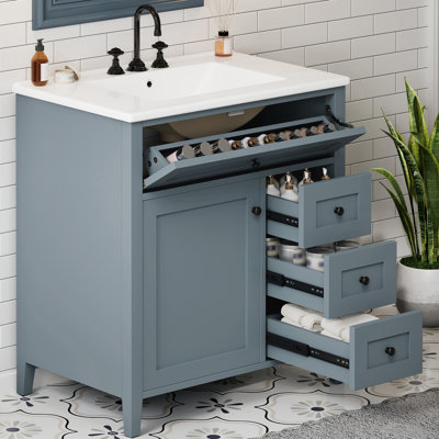 Meuble-lavabo autoportant moderne 30 po avec comptoir en céramique