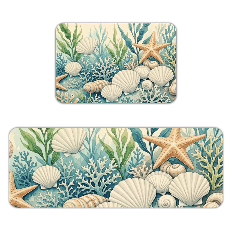 Ensemble de 2 tapis de sol en flanelle à motifs aquarelle de coquillages et de coraux