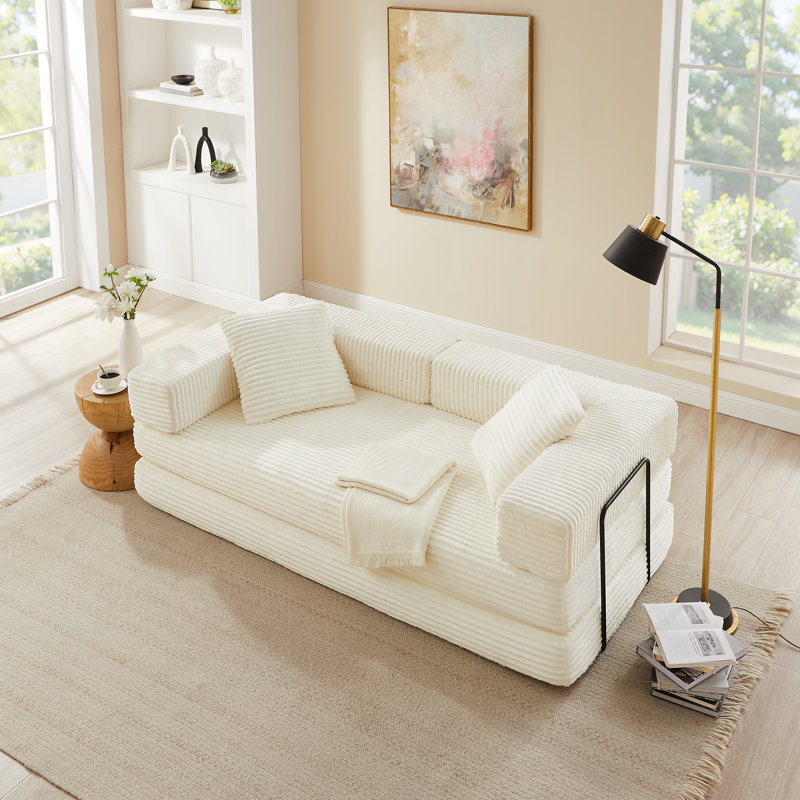 4-In-1 Folding Convertible Sofa Bed, 80.7 Inch Oversized Corduroy Upholstered Compression Couch, Loveseat Sleeper With Pull Out Bed, Floor Sofa Modular Futon Couch For Living Room Bedroom Lounge