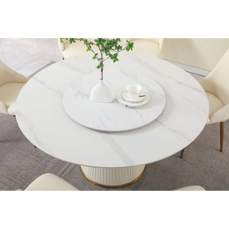 Table de salle à manger moderne en pierre frittée 59 po. Avec table tournante ronde de 31,5 po. Pour 8 personnes avec piédestal en bois et métal