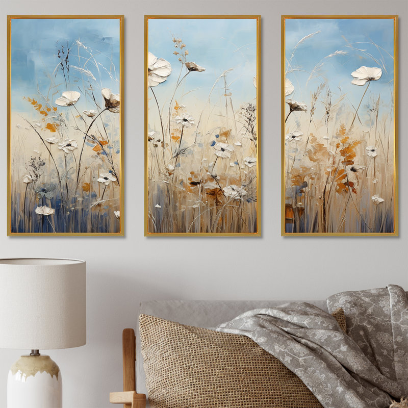 Minimalisme Wildflower Wonderland III - ensemble d'art mural prairie, Cadre flottant doré, H 40 po x l 60 po x P 1 po