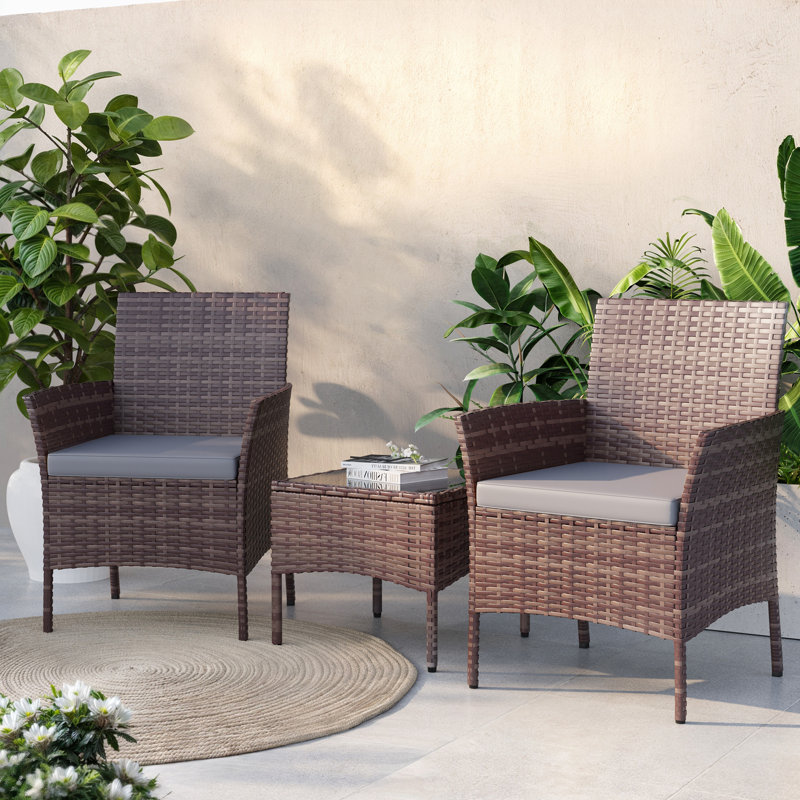 2-Person Outdoor Wicker Bistro Set with Cushions & Coffee Table – 3-Piece Seating for Balcony, Porch, or Small Patio, Available in 6 Versatile Options