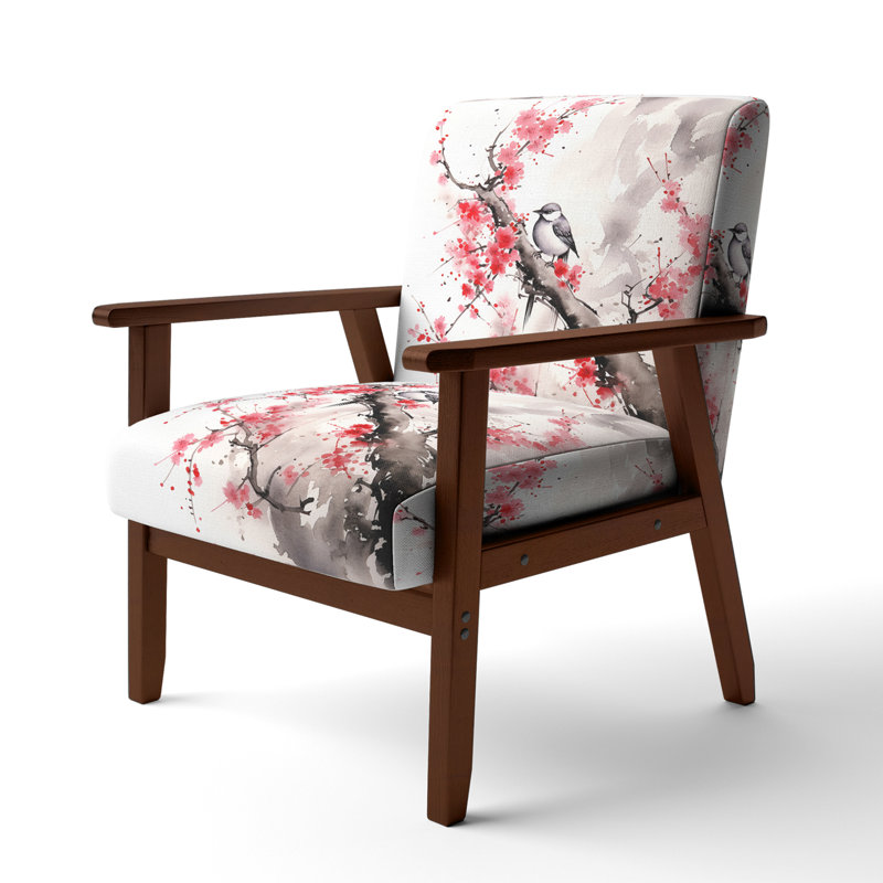 Japan Garden Bird On Tree - Upholstered Japanese Accent Arm Chair, Brown Square Arms