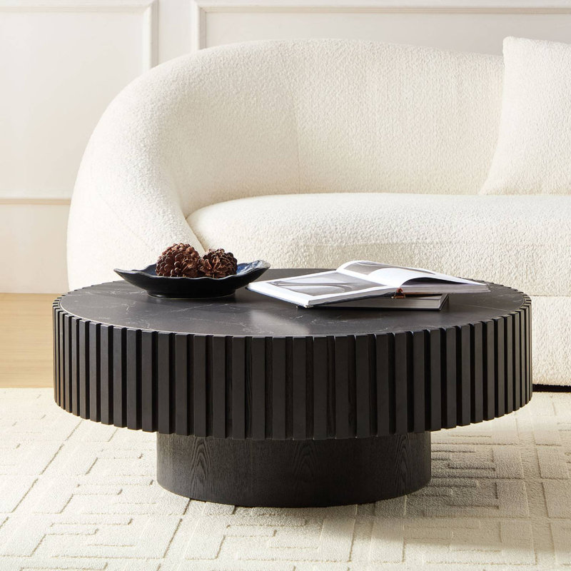 Table basse ronde en fritté et en bois manufacturé 35,43 po, Noir, noir, noir, noir, Noir, noir, noir, noir