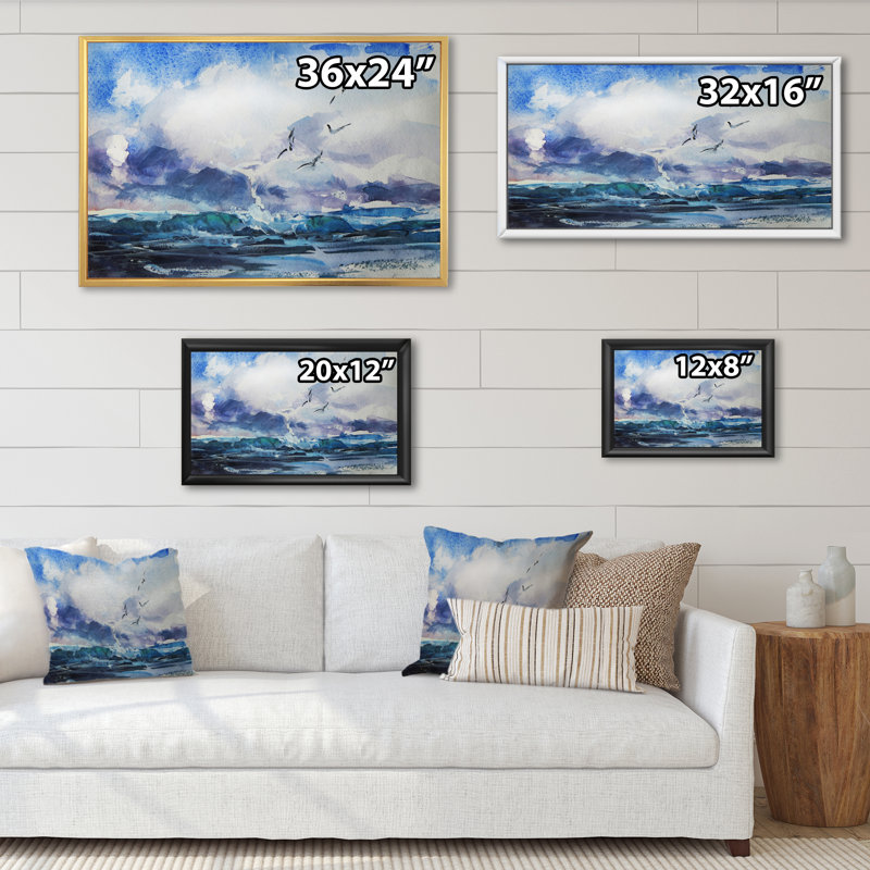 Vague et goélands - Peinture sur toile, H 12 po x l 20 po x P 1 po, Cadre flottant doré