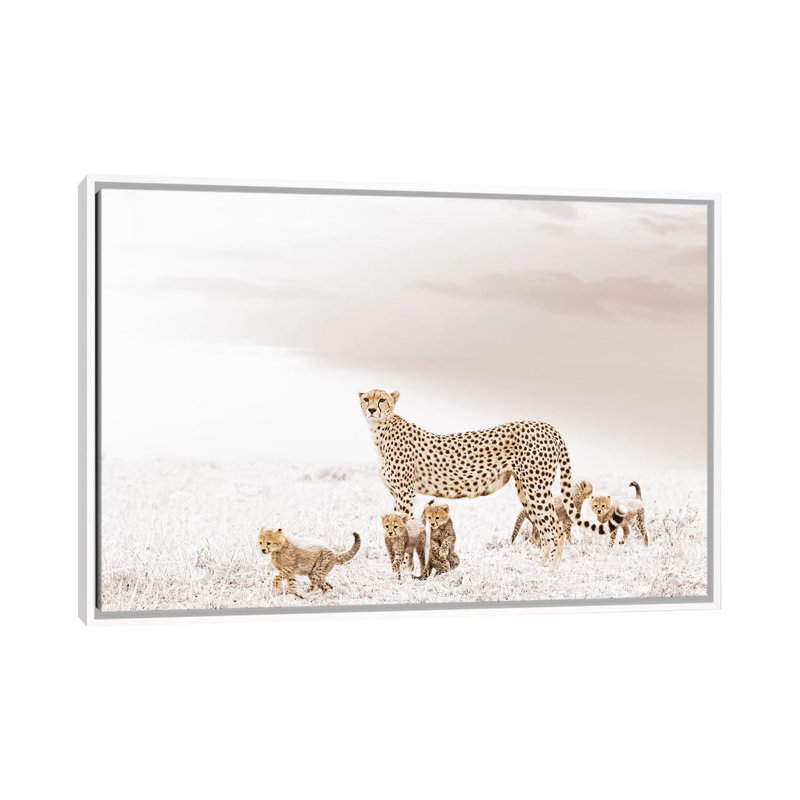White Cheetah & Cubs by Klaus Tiedge - Print on Canvas, White Framed, 66.04 cm H x 45.72 cm W