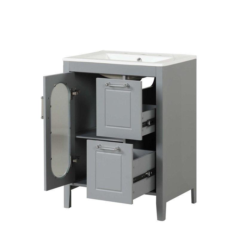 Meuble-lavabo 24 po avec lavabo, meuble-lavabo avec deux tiroirs et porte, tablette réglable, Gris