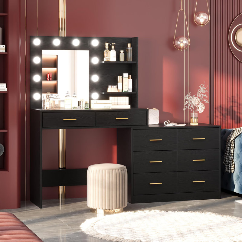 Meuble-lavabo 61 "avec miroir et lumières, 3 modes d'éclairage avec rangement réglable, Noir